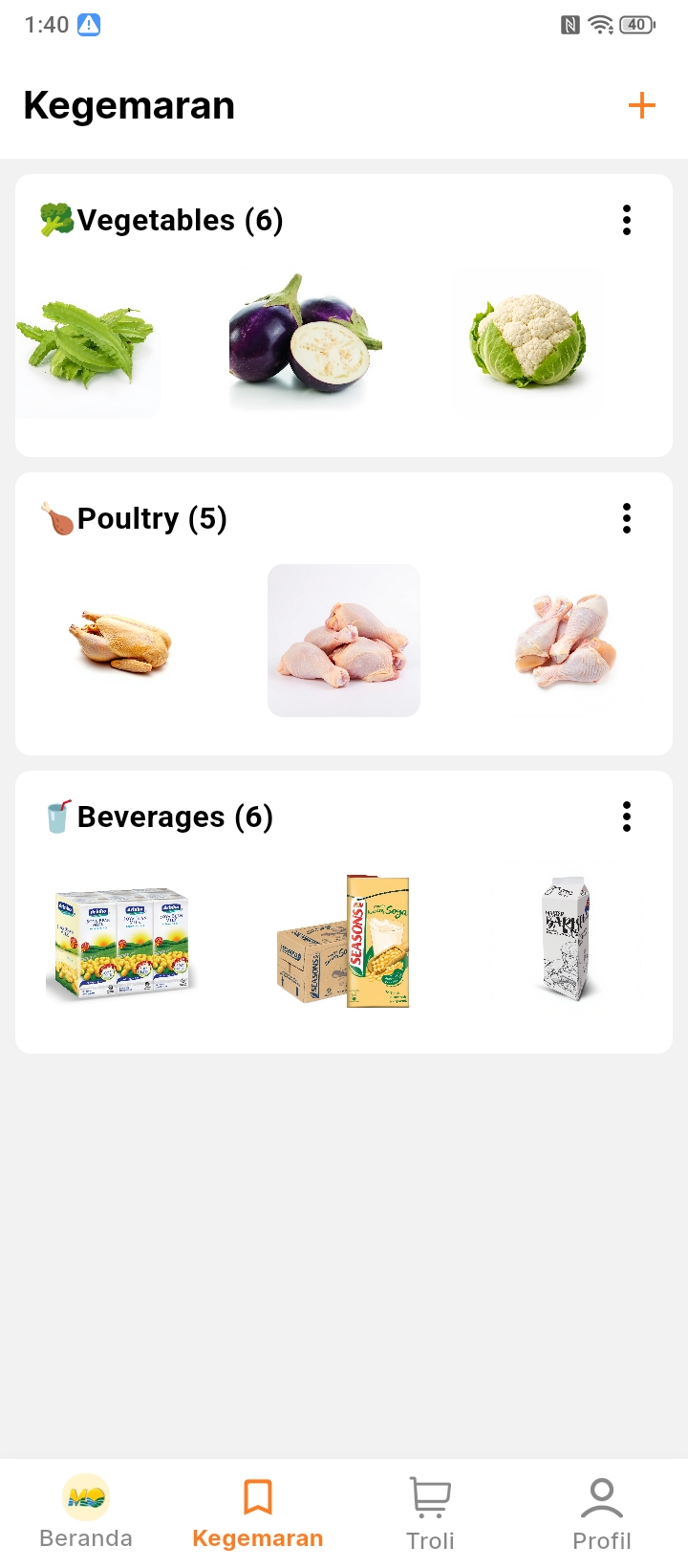 Senarai Beli Lagi disusun dalam folder Vegetables, Poultry dan Beverages.